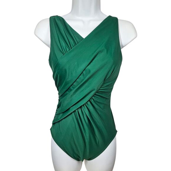Miraclesuit Tulia Wrap-Style One-Piece Swimsuit in Malachite Green - Size 8 - Picture 2 of 8